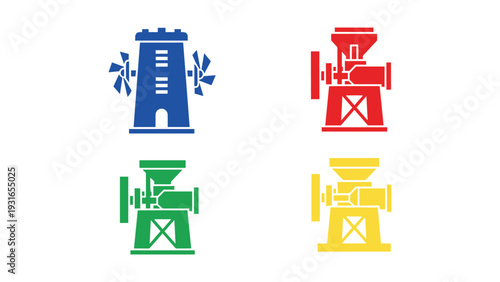 Four stylized icons of industrial machinery and tools with geometric shapes