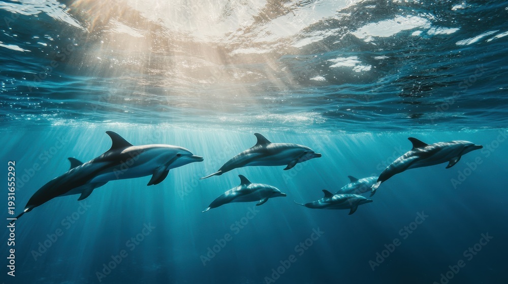 Naklejka premium Dolphins swimming underwater in formation with sunlight