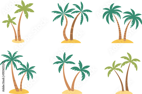 Collection of six stylized palm tree pairs with curved trunks, green fronds, and sandy bases, perfect for tropical, botanical, decorative, vacation, and nature‑inspired design projects