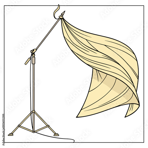Illustration of a light stand with a fabric reflector used in photography for controlling light and shadows.