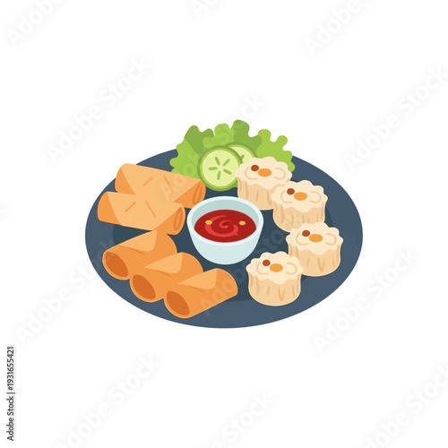 Assorted Asian cuisine on a blue plate with dipping sauce and garnish