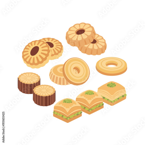 Assorted pastries and desserts displayed on a clean white background