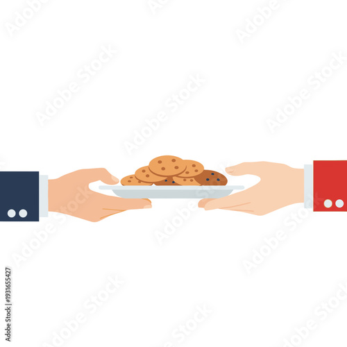 Two hands exchanging a plate of cookies in a friendly gesture
