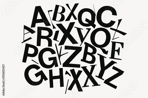 Circular Chaotic Letter Overlap, Abstract Black Bold Typography Collage Vector