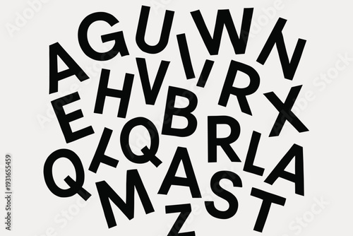 Circular Overlapping Letter Chaos, Abstract Black Bold Typography Collage Vector