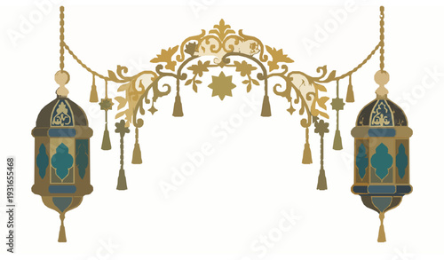 Symmetrical Ramadan Kareem Lanterns with Oriental Golden Garland Vector Illustration