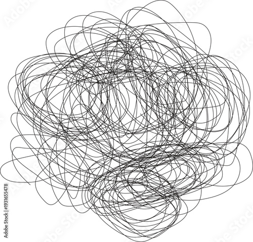 An abstract 3d illustration of a tangled metal wire and messy black string forming a spiral pencil sketch design on a light textured background vector
