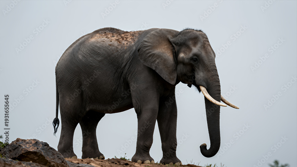 Obraz premium Majestic African Elephant Standing on Rocky Terrain with Detailed Wrinkled Skin and Curved Tusks in Natural Habitat Wildlife Photography
