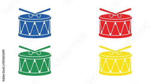 Colorful assortment of four decorative drums with drumsticks