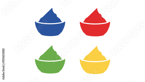 Four colorful bowls with different liquid fillings arranged in a square pattern
