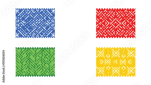 Four vibrant cross-stitch fabric samples showcasing intricate geometric patterns in distinct colors.