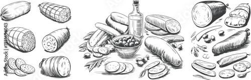Hand Drawn Sausage and Salami Collection Vintage Engraving Style Butcher Deli Meat Food Illustration Isolated Vector Set