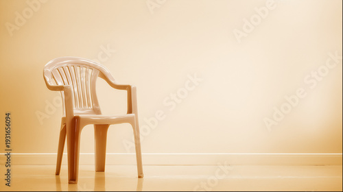 decade. Vintage pastel plastic chair in a retro 70s design, presented in a minimalist side view. lifestyle magazines.