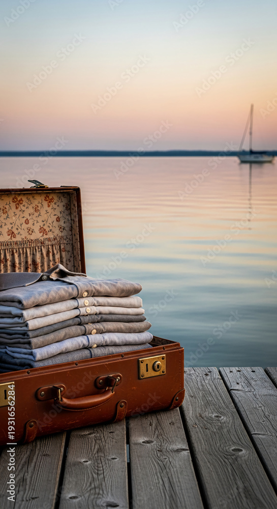 Fototapeta premium Open leather suitcase with folded shirts on wooden pier, with lake and sailboat at sunset, represents travel, leisure, and relaxed lifestyle