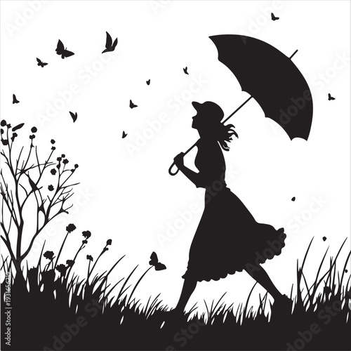 Floral vector illustration of a girl with an umbrella in a summer forest, featuring a black silhouette woman in a fashion dress among butterflies and nature patterns