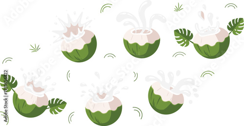 Set of Fresh Green Coconuts with Dynamic Milk or Water Splashes and Tropical Leaves for Refreshing Summer Beverage Branding and Juice Packaging Designs