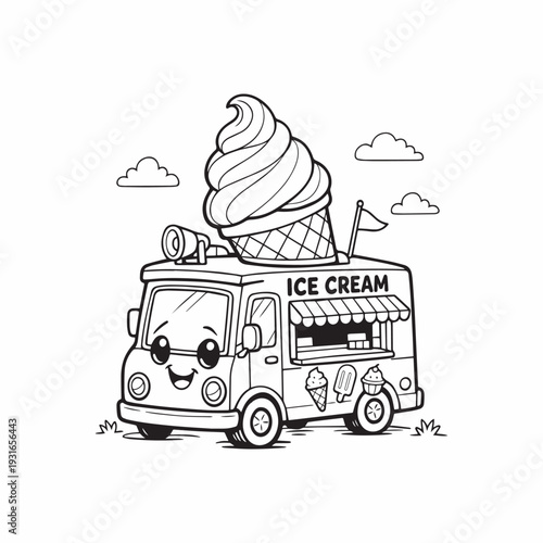 Happy Ice Cream Truck Line Art for Coloring
