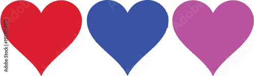 Three colorful heart shapes in red, blue, and purple, representing love and emotion, presented in a simple, clean graphic