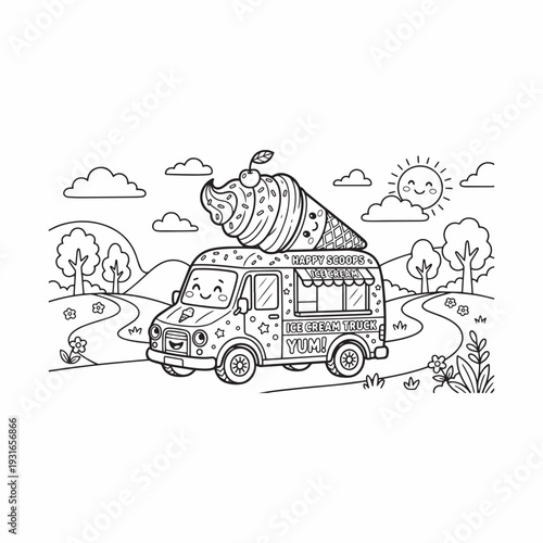 Happy Ice Cream Truck Line Art for Coloring