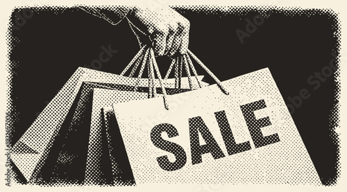 Hand holding shopping bags, sale illustration, discount in vintage halftone style