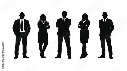A collection of five business professionals standing in a line with their arms crossed, presented in a silhouette style
