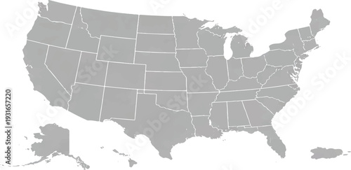Map of the United States of America showing all states and borders, a grayscale graphic illustration