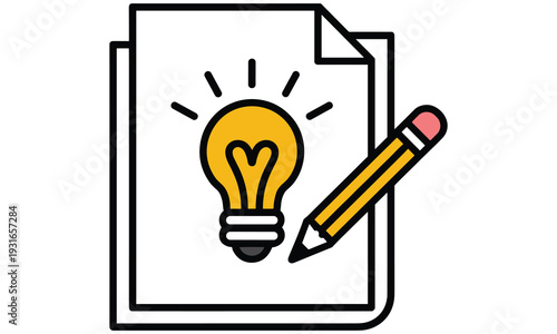 Creative idea generation symbolized by a lightbulb and pencil on a document representing inspiration and innovative thinking.