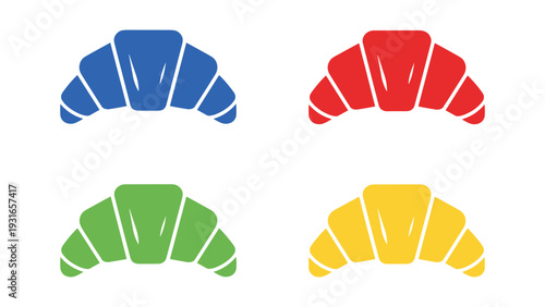 Four stylized croissant icons in different vibrant colors arranged in a square.