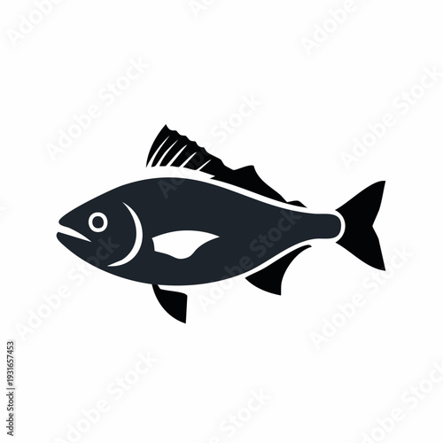 Black and White Fish Silhouette Illustration with Detailed Fin and Tail Design