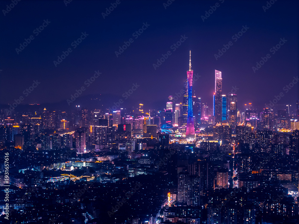 Fototapeta premium Aerial nightscape of Guangzhou China illuminated city skyline