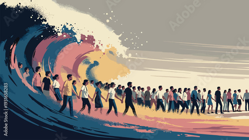 Large crowd of diverse people walking together on a beach alongside a powerful, colorful wave in shades of blue, pink, and yellow, symbolizing collective movement and unity