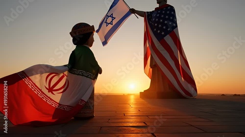 America Israel Iran Geopolitical Symbolism at Sunset