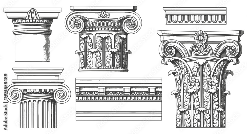 Fototapeta premium Architectural column designs showcasing intricate details and classical elements in a technical drawing style for building and construction purposes