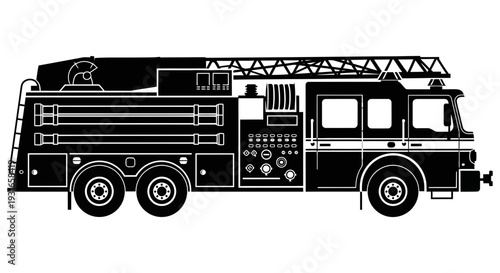 Fire truck illustrated in black and white with visible details and equipment for emergency response situations and rescue operations effectively