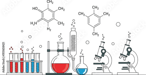 Science Laboratory Research Vector Set Featuring Microscopes, Test Tubes, Beakers with Chemical Reactions, and Molecular Formulas for Education, Biotech, and Medical Science Designs