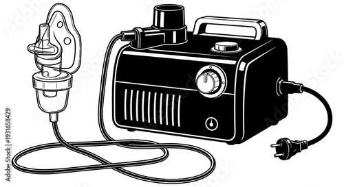 Vintage vacuum pump device with attached electrical cord and mechanical component on white background