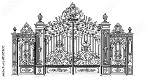 Elegant metallic ornate gate featuring intricate design and ornamental details in a classic architectural style for luxury estate entrances