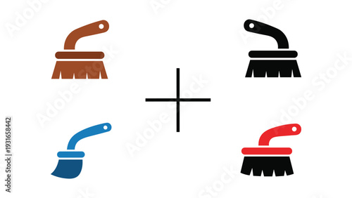 Combination of four different colored brooms displayed in pairs