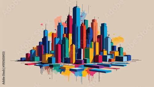 Modern city skyline illustration featuring abstract colorful skyscrapers and buildings with vibrant paint splashes and watercolor textures on neutral background representing urban development and art