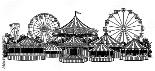 Classic vintage carnival or fairground scene with thrilling rides and attractions for a fun filled day