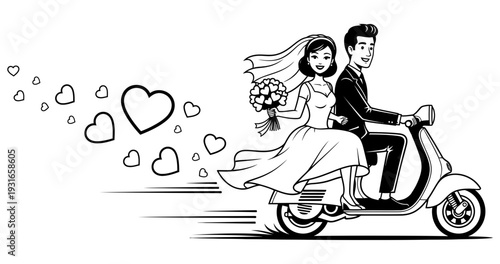 newly married couple riding on a scooter together on their wedding day with the bride holding a bouquet of flowers in a joyful and romantic atmosphere