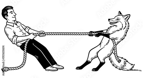 Man and wolf engaged in a fierce tug of war with a rope against a white background