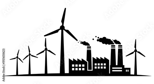 Industrial factory landscape with wind turbines symbolizing renewable energy transition and sustainable development alongside traditional power generation methods