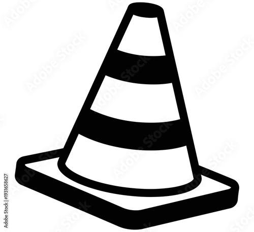 Simple black and white graphic of a traffic cone or safety cone on a square base used for warning or directing traffic