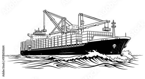 Large black and white cargo ship sailing through the ocean with containers on deck and cranes for loading and unloading goods efficiently