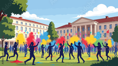 Students celebrating holi festival on university campus with vibrant color clouds and powder paint splashes in front of historic college building with pillars and green lawn under blue cloudy sky