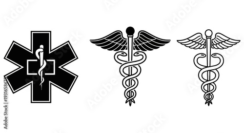 Medical symbols representing healthcare and medicine with a star of life and staffs of Hermes and Asclepius together