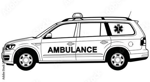 Ambulance vehicle illustration with medical symbol and emergency markings on a plain white background for medical transportation services