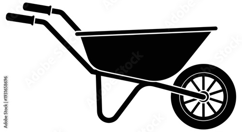 Simple black silhouette of a wheelbarrow with a single wheel and two handles on a white background