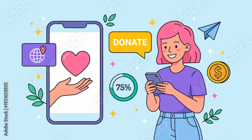 Cartoon illustration of a young woman using a mobile donation app with a progress bar and heart icons, representing online fundraising and charity